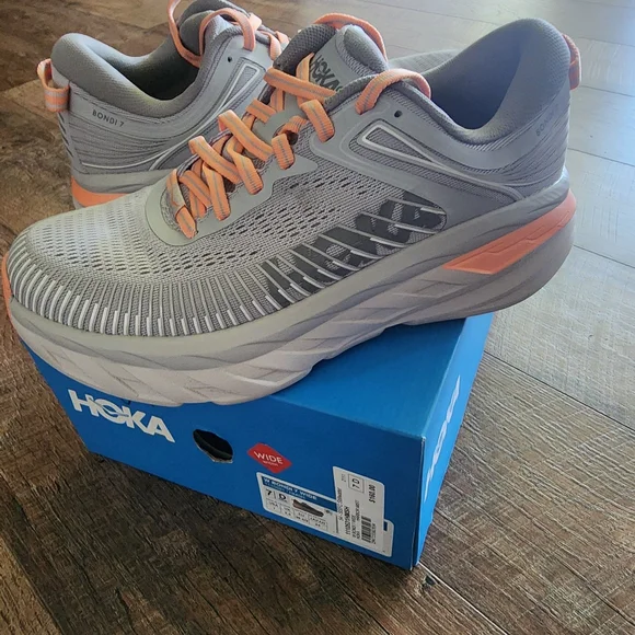 HOKA Women's Bondi 7 Running Shoes - Gray and Orange - Picture 1 of 7